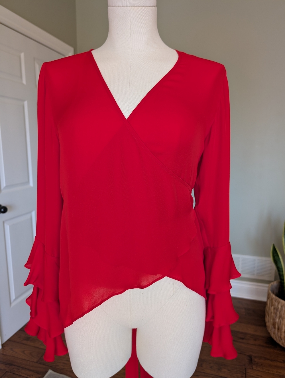 Red Ruffle-Sleeve Tie-Back Blouse - Picture 2 of 16